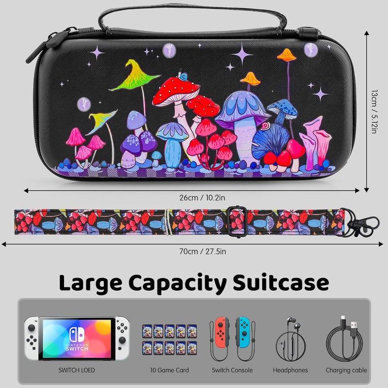 F'DIARY Carrying Travel Case for Nintendo Switch OLED with Mushroom Design, Black Shockproof Kit with Slim Portable Storage Bag, Dockable Cover Case, Screen Protector, Shoulder Strap and 2 Thumb Caps - Image 3